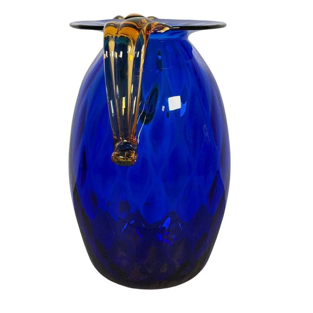 Blenko Cobalt Blue Optic Honeycomb Pitcher Amber Handles 9.5